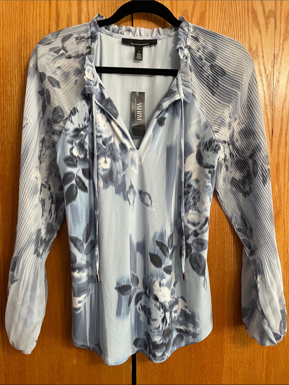 White House Black Market Pale Blue & Navy Floral Tie-Neck Blouse